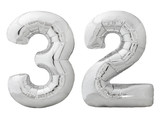 Silver number 32 thirty two made of inflatable balloon isolated on white