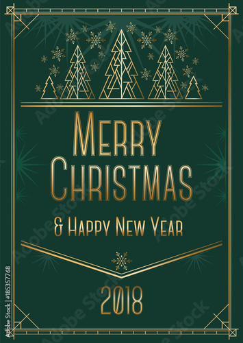Christmas and New Year greeting card design in art deco style with stylized trees.