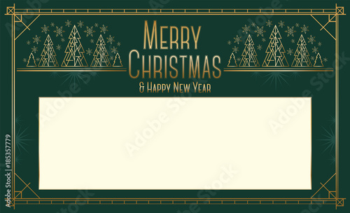 Christmas and New Year landscape greeting card design in art deco style with stylized trees.