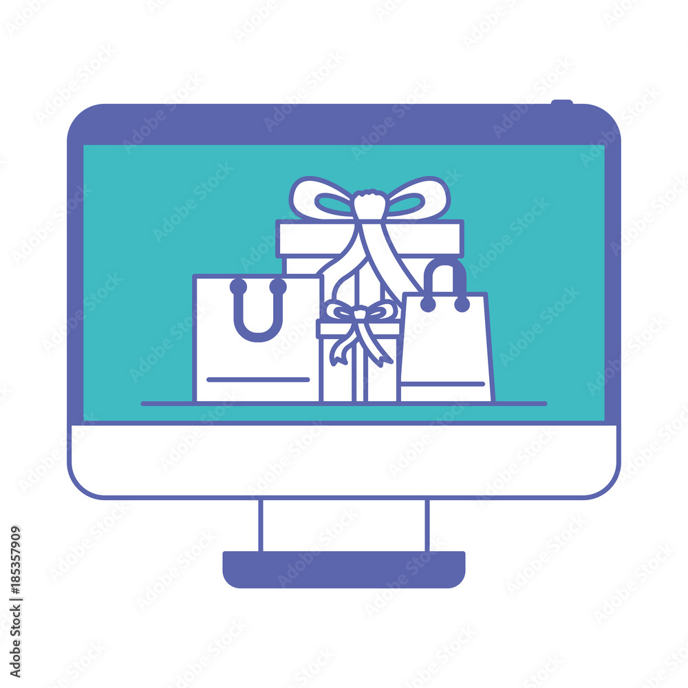 desktop computer front view with gift boxes and shopping bags in screen in blue and purple color sections silhouette desktop computer front view with gift boxes and shopping bags in screen in blue and purple color sections silhouette