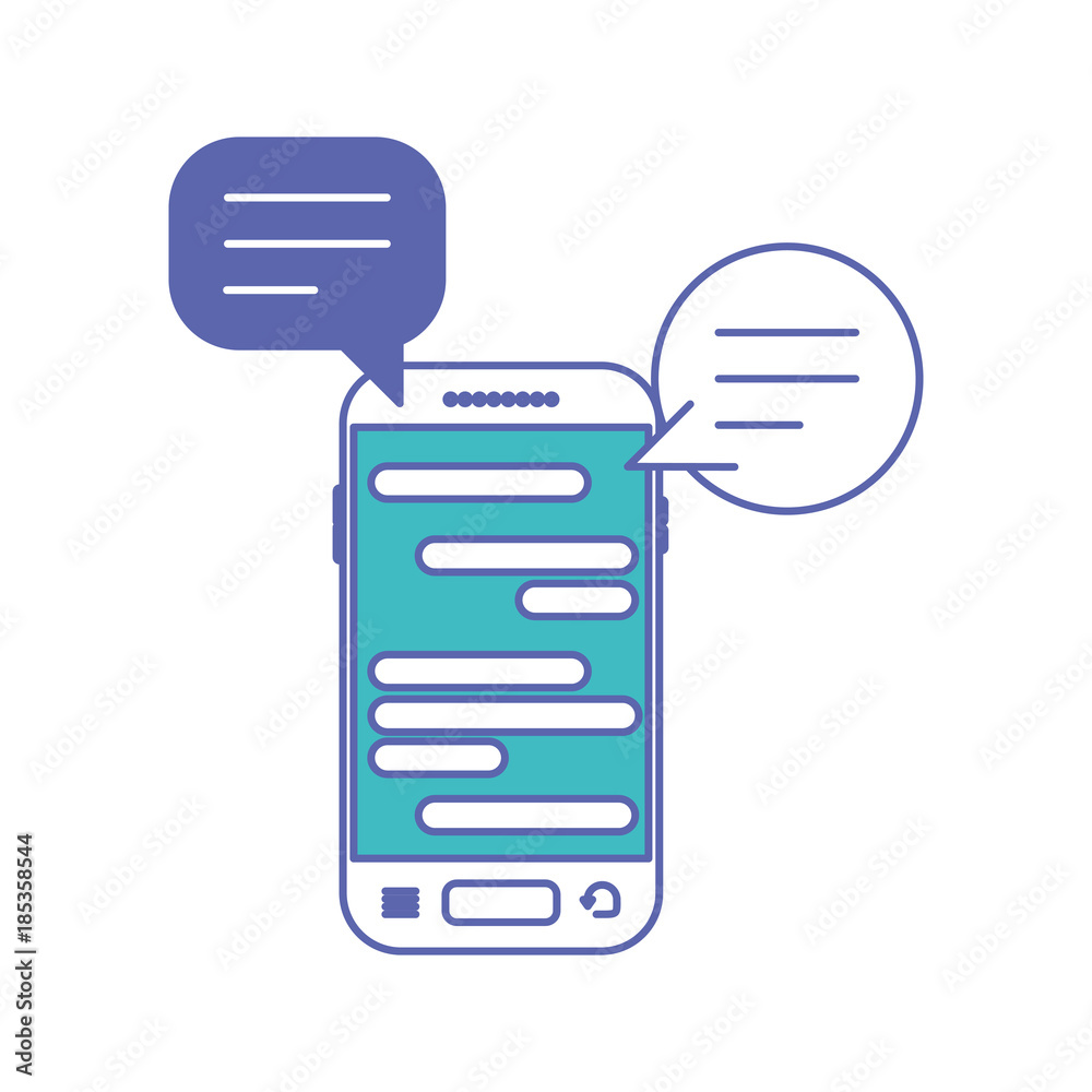 smartphone with speech dialogue text in screen in blue and purple color sections silhouette smartphone with speech dialogue text in screen in blue and purple color sections silhouette