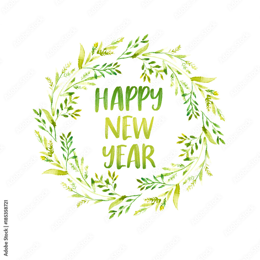 Happy New Year word with Watercolor frame of green leaves and red floral  wreath in circle on white background Stock Photo | Adobe Stock