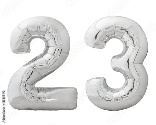 Silver number 23 twenty three made of inflatable balloon isolated on white