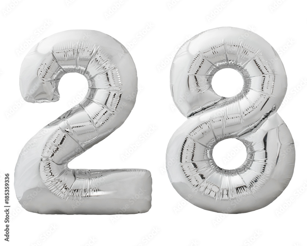 Silver number 28 twenty eight made of inflatable balloon isolated on white Silver number 28 twenty eight made of inflatable balloon isolated on white