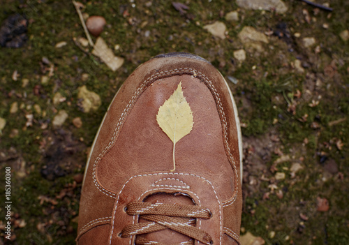 осенний листок на ботинке