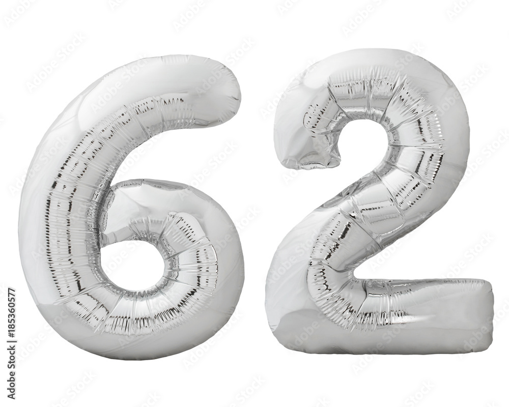 Naklejka premium Silver number 62 sixty two made of inflatable balloon isolated on white