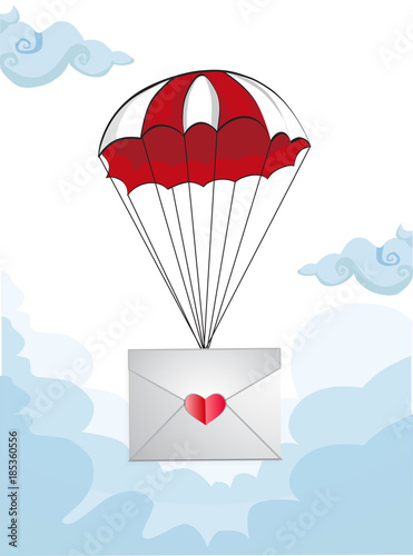 Fototapeta Naklejka Na Ścianę i Meble -  Vector Illustration of envelope with heart stamp flying on parachute