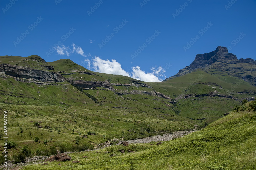 Big rock along the path to Thukela waterfall in Royal Natal Park Drakensberg mountain, South Africa