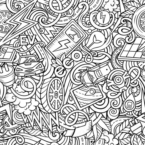 Cartoon cute doodles hand drawn Electric vehicle seamless pattern