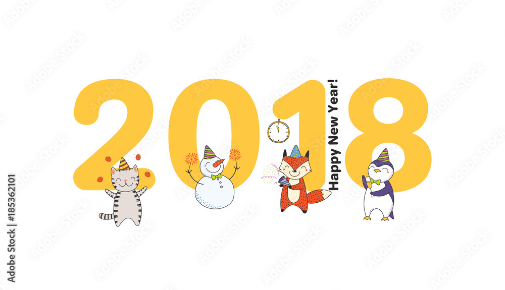 Hand drawn Happy New Year 2018 greeting card, banner template with big numbers, cute funny cartoon animals celebrating, typography. Isolated objects. Vector illustration. Design concept for party. Hand drawn Happy New Year 2018 greeting card, banner template with big numbers, cute funny cartoon animals celebrating, typography. Isolated objects. Vector illustration. Design concept for party.