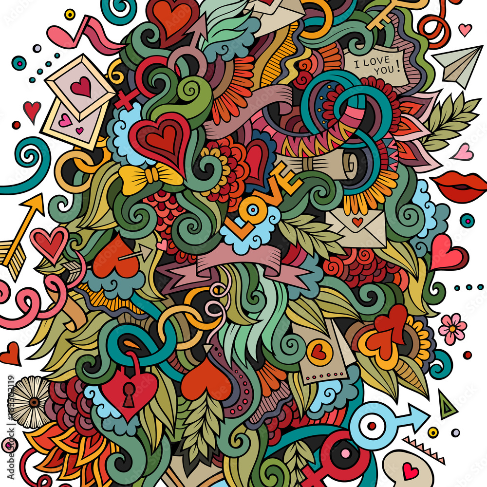Cartoon cute doodles hand drawn Valentines Day illustration