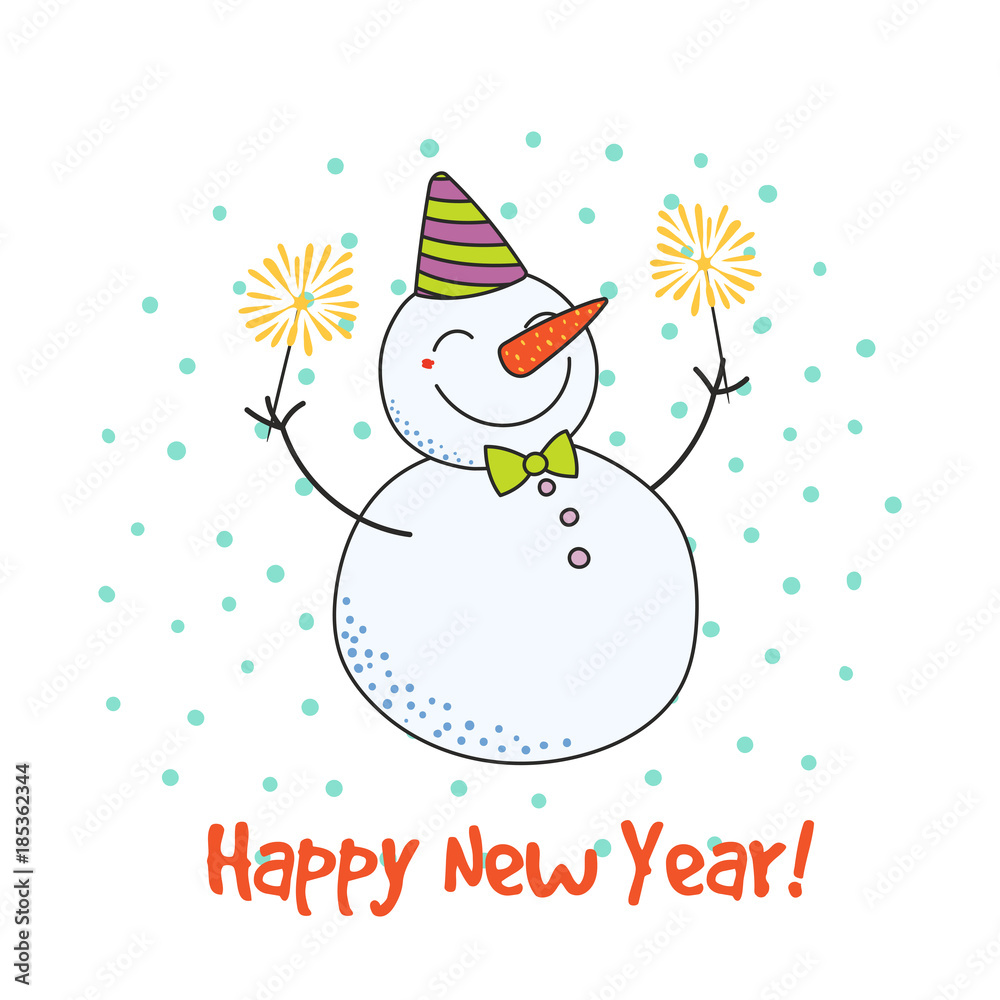 Hand drawn Happy New Year greeting card with cute funny cartoon snowman  with sparklers, typography. Isolated objects on on white background. Vector  illustration. Design concept party, celebration Stock Vector | Adobe Stock
