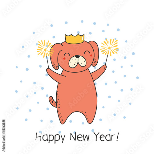 Hand drawn Happy New Year greeting card with cute funny cartoon dog with sparklers, typography. Isolated objects on on white background. Vector illustration. Design concept party, celebration