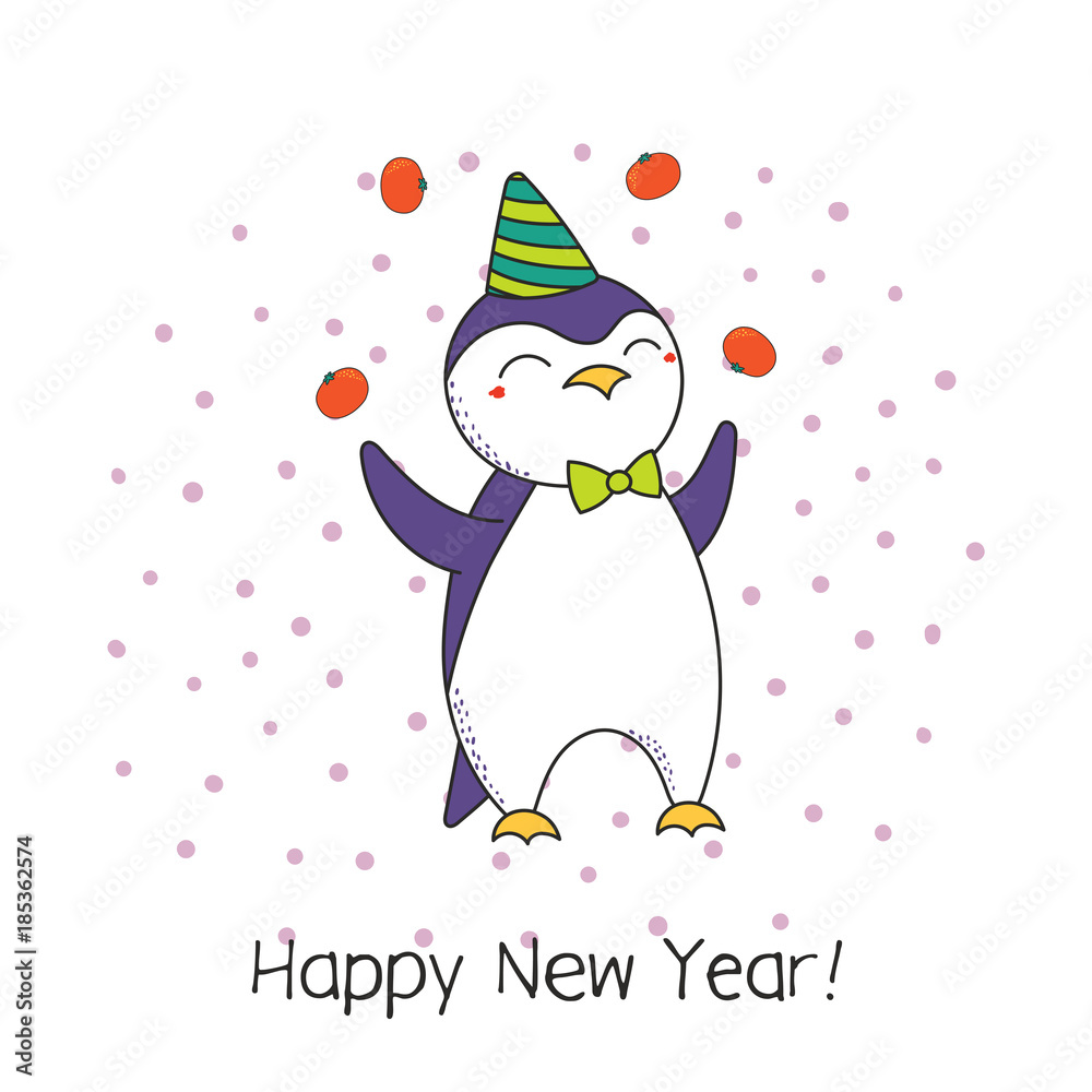 Hand drawn Happy New Year greeting card with cute funny cartoon penguin