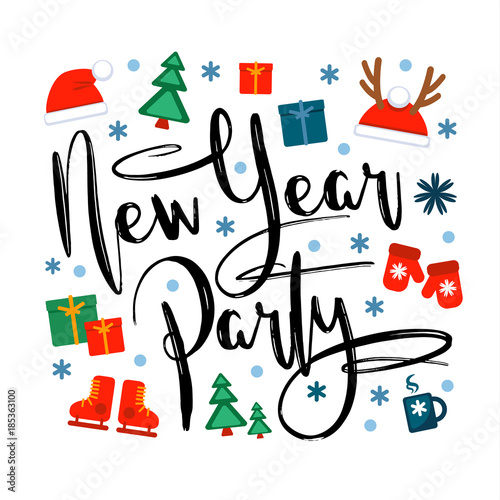 new year party, inscription and christmas icons and symbols on a white backgr...
