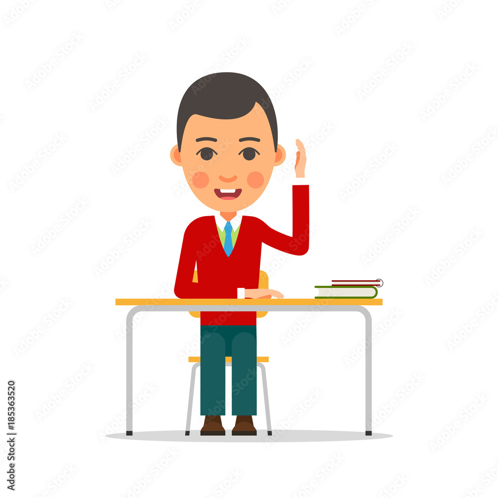 Student studying. Young boy raised his hand. Student answers the question, sitting at the table. Illustration in flat style. Isolated Student studying. Young boy raised his hand. Student answers the question, sitting at the table. Illustration in flat style. Isolated