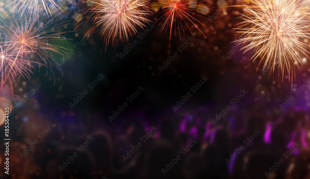 Abstract colored firework background with people silhouettes, free space for text.