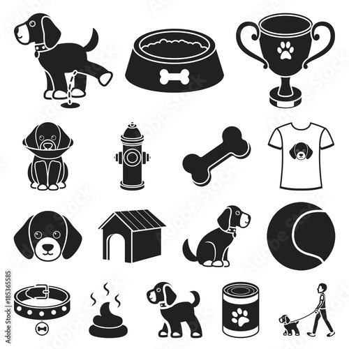 Pet dog black icons in set collection for design. Caring for the puppy vector symbol stock web illustration. photo