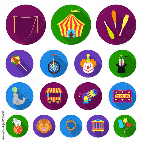 Circus and attributes flat icons in set collection for design. Circus Art vector symbol stock web illustration.