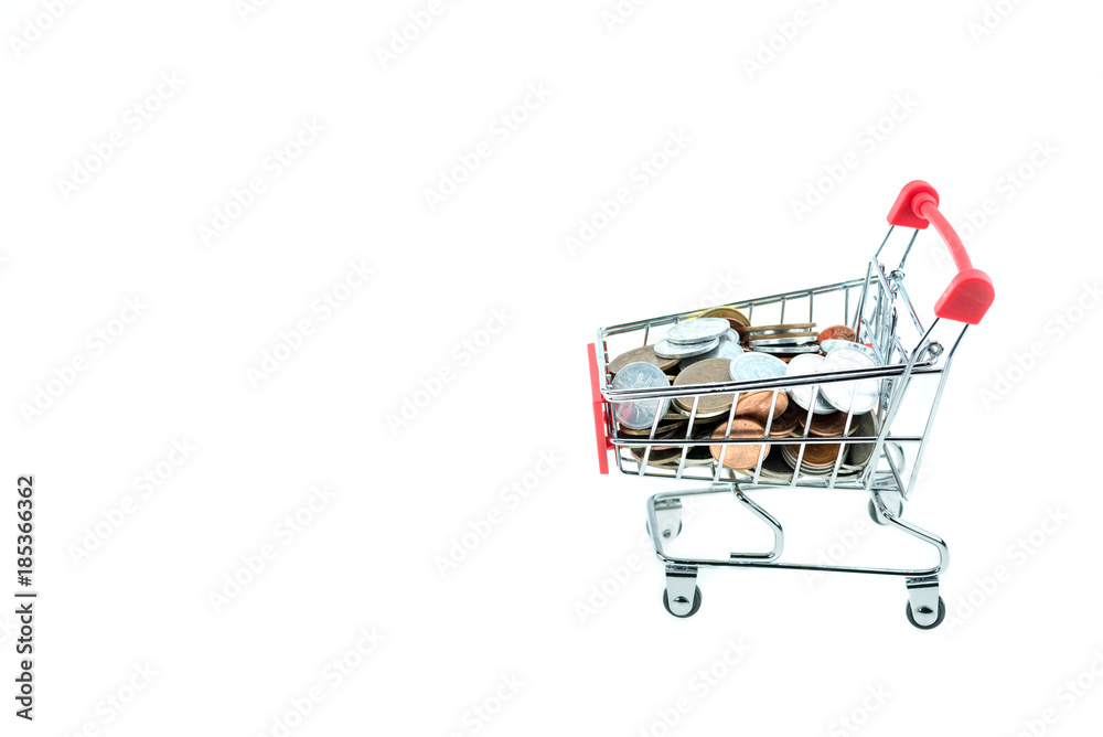 shopping cart with coins isolated