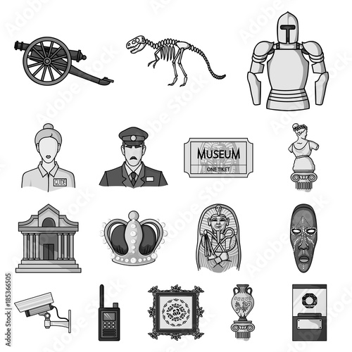 Museum and gallery monochrome icons in set collection for design. Storage and exhibition of showpiece vector symbol stock web illustration.