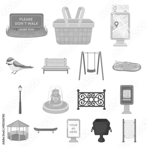 Park, equipment monochrome icons in set collection for design. Walking and rest vector symbol stock web illustration.