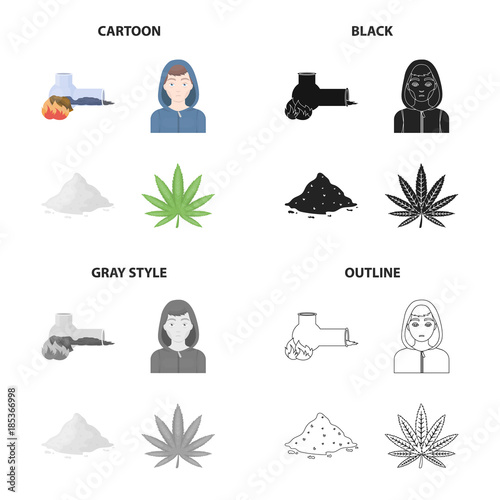 Smoking tube addict, cocaine, the face of a drug addict, a sheet of cannabis.Drugs set collection icons in cartoon black monochrome outline style vector symbol stock illustration web.