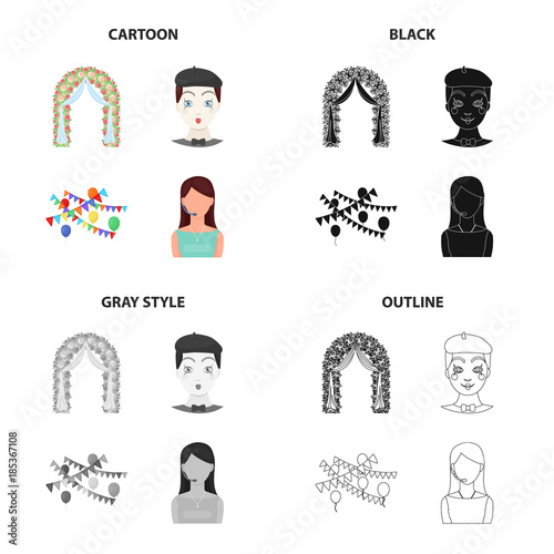 Arch for the ceremony, the host of the event, a comic man, the decoration of the celebration.Event Service set collection icons in cartoon black monochrome outline style vector symbol stock photo