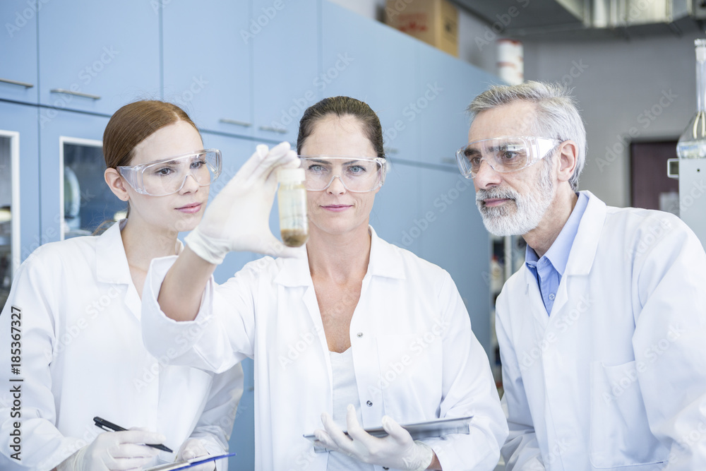 Three scientists in lab examining sample Three scientists in lab examining sample