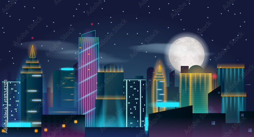 City night in neon lights with full moon in the sky. Vector illustration of big city landscape with skyscrapers.