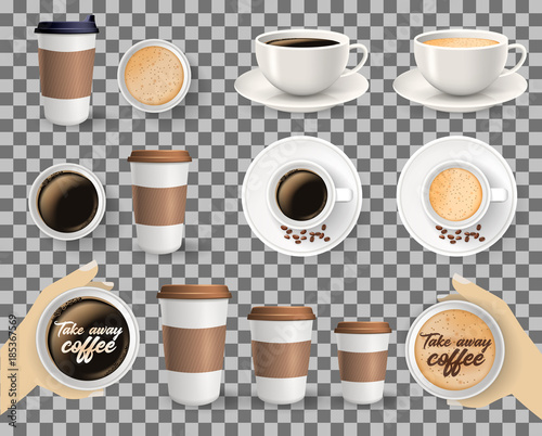 Set of to go and takeaway paper coffee cups in different sizes and coffee cups on saucers. Objects isolated on transparent background.