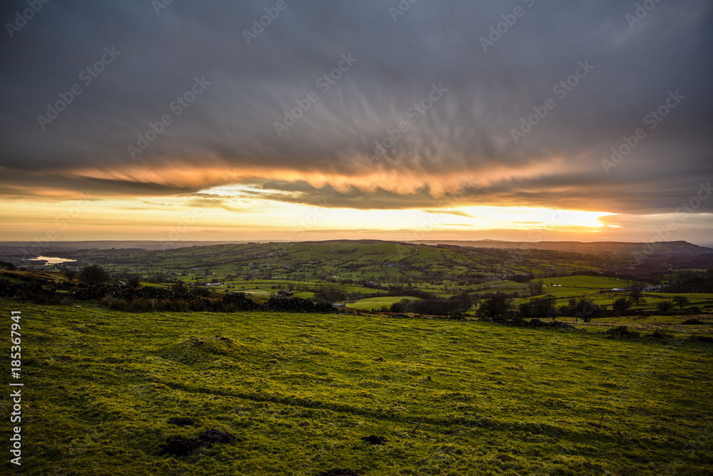 Sunset Through Rain Clouds At The Roaches, Peak District National Park, Derbyshire, UK