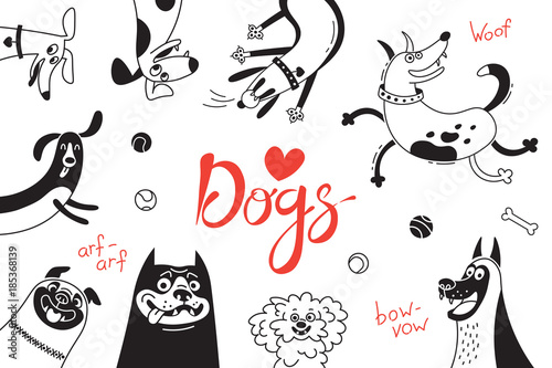 Card with joyful dogs and happy puppies. Vector background with mongrels, sheepdog, dachshund, lap-dog and others breeds