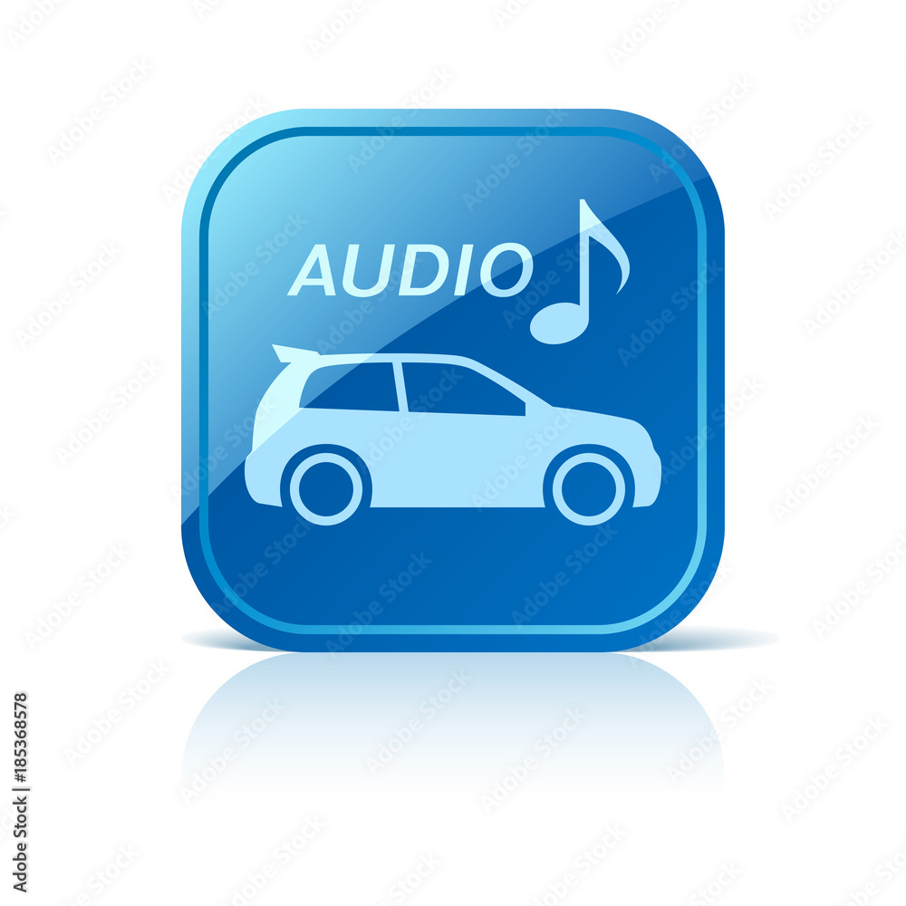 Car audio icon on blue web button Car audio icon on blue web button