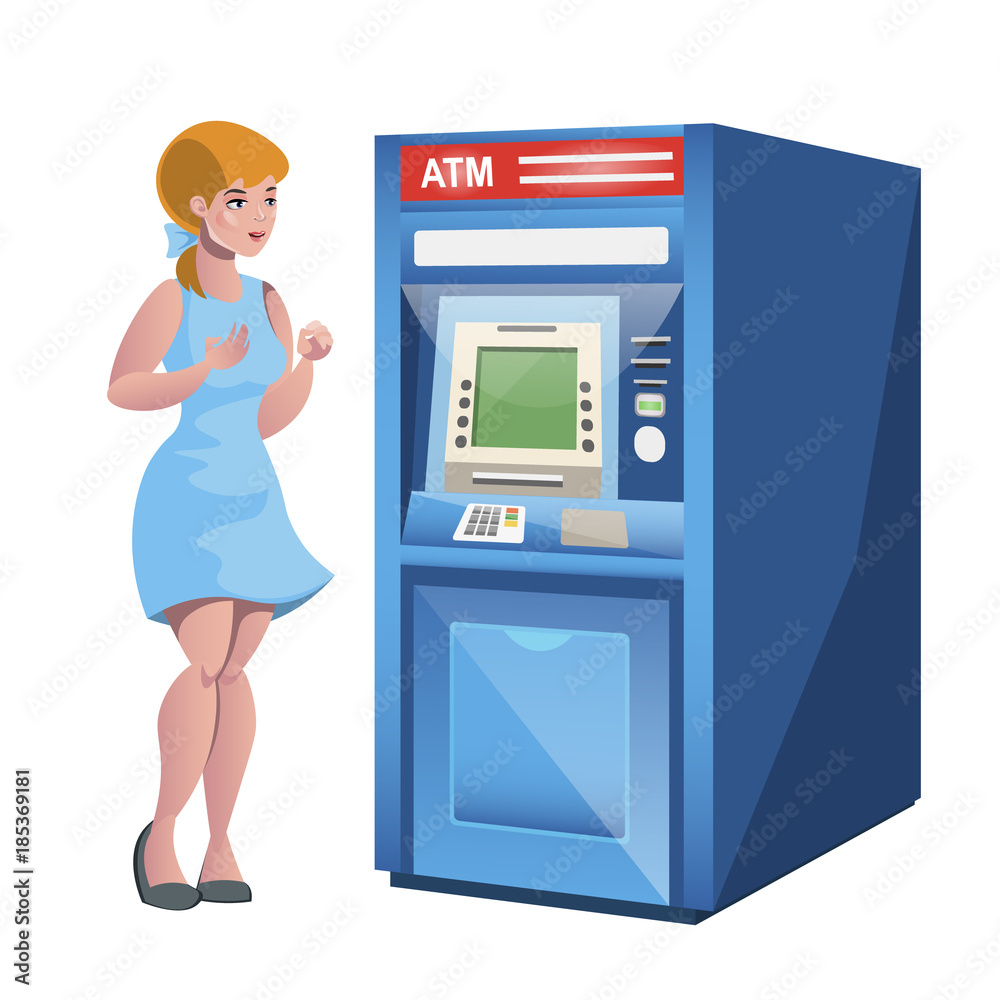 Woman atm money credit isolated Woman atm money credit isolated