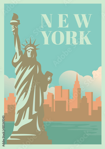 Plakat NYC i Statua Wolności z drapaczami chmur.