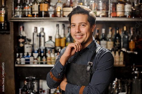 Handsome and young smiling brown haired bartender
