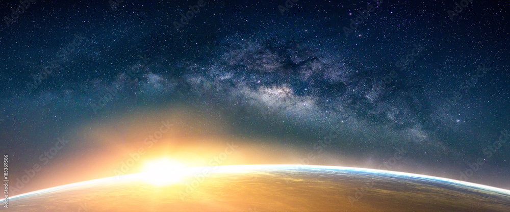 Landscape with Milky way galaxy. Sunrise and Earth view from space with Milky way galaxy. (Elements of this image furnished by NASA) - obrazy, fototapety, plakaty 