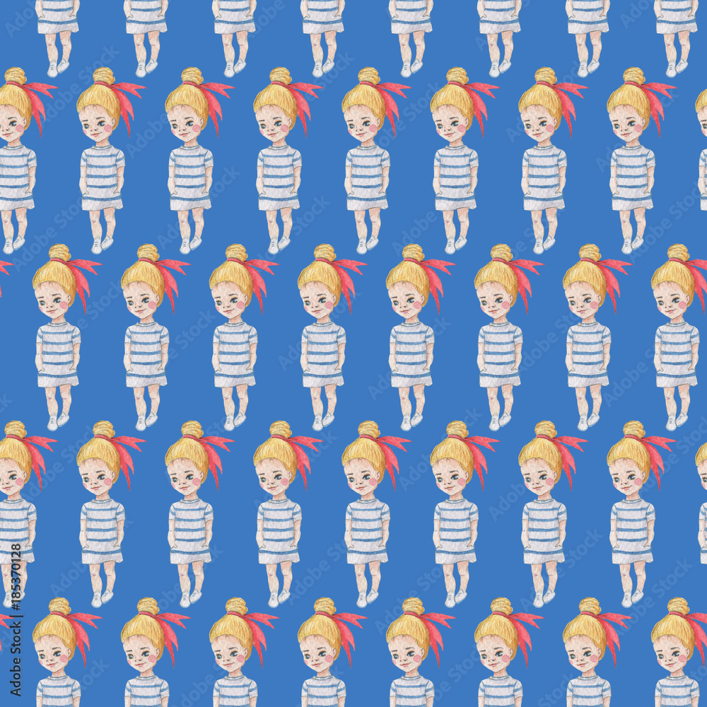 Obraz premium Seamless dolls pattern on blue background. Watercolor Baby Girl collection. 