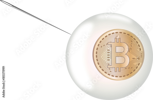 bitcoin crash - bitcoin in a bubble with a needle on a white background