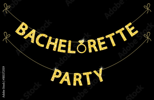 Cute bachelorette party bunting as gold glitter letters and engagement ring
