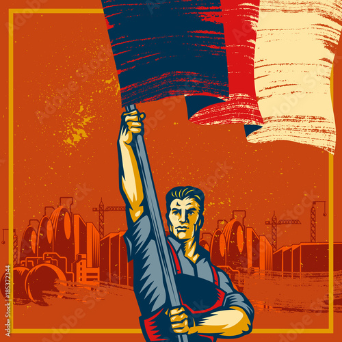 Poster Revolution. Propaganda Background Style. Revolution raising The Flag.