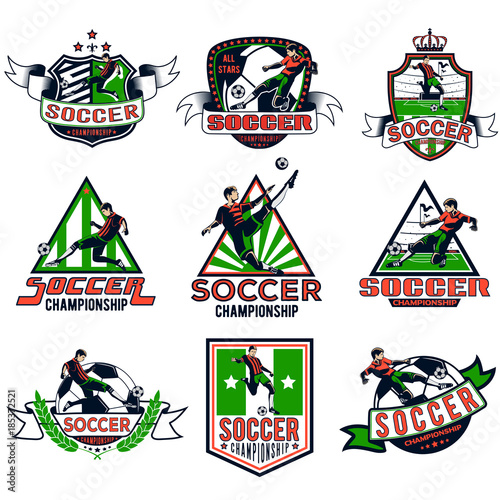 set of colored soccer badges for your unique design, printing on T-shirts and press, as well as using the Internet. Vector illustration