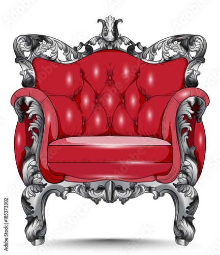 Red Baroque armchair. Furniture with Victorian ornamented fabric. Vector real...