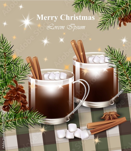 Merry Christmas card with Hot chocolate Vector. Sweet dessert drinks