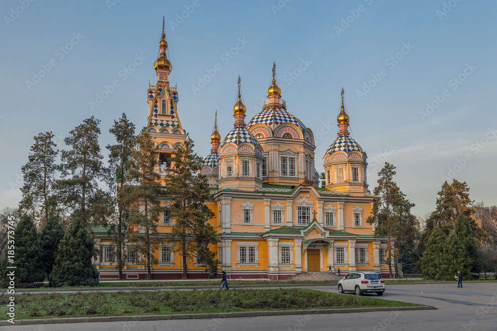 ALMATY, KAZAKHSTAN - NOVEMBER 5, 2014: The Ascension Orthodox Cathedral at sunset