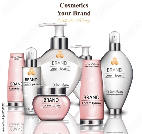 Cream and lotion cosmetics collection with milk and honey extract. Hydration organic treatment. Realistic Vector Product packaging designs