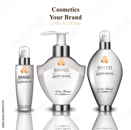 Cream and lotion cosmetics with milk and honey extract. Hydration organic treatment. Realistic Vector Product packaging designs