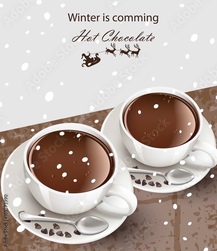 Hot chocolate cups Vector realistic. cinnamon flavors wooden backgrounds