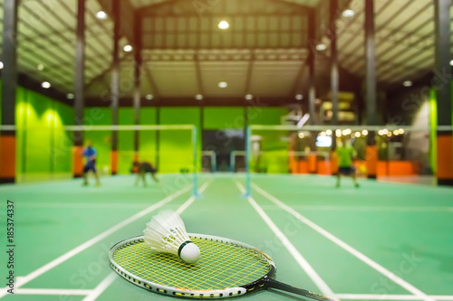 badminton courts with shuttlecocks in the foreground